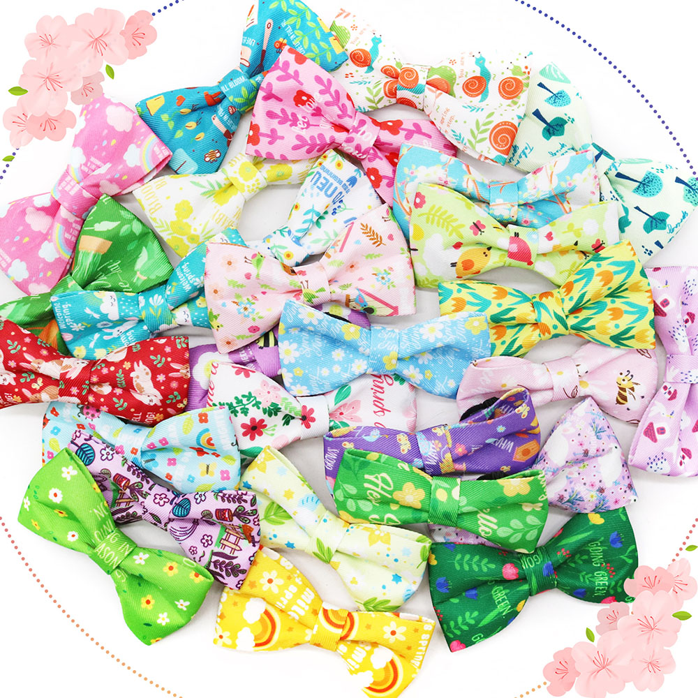 10PCS Dog Bows With Elastic Bands Spring Print Collars For Small Dogs and Cats Movable Pet Dog Bowties Neckties Pet Supplies
