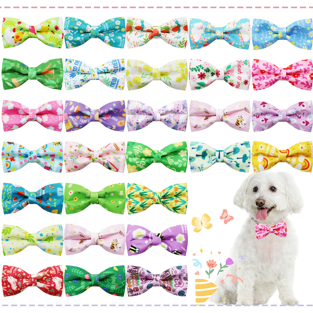 10PCS Dog Bows With Elastic Bands Spring Print Collars For Small Dogs and Cats Movable Pet Dog Bowties Neckties Pet Supplies