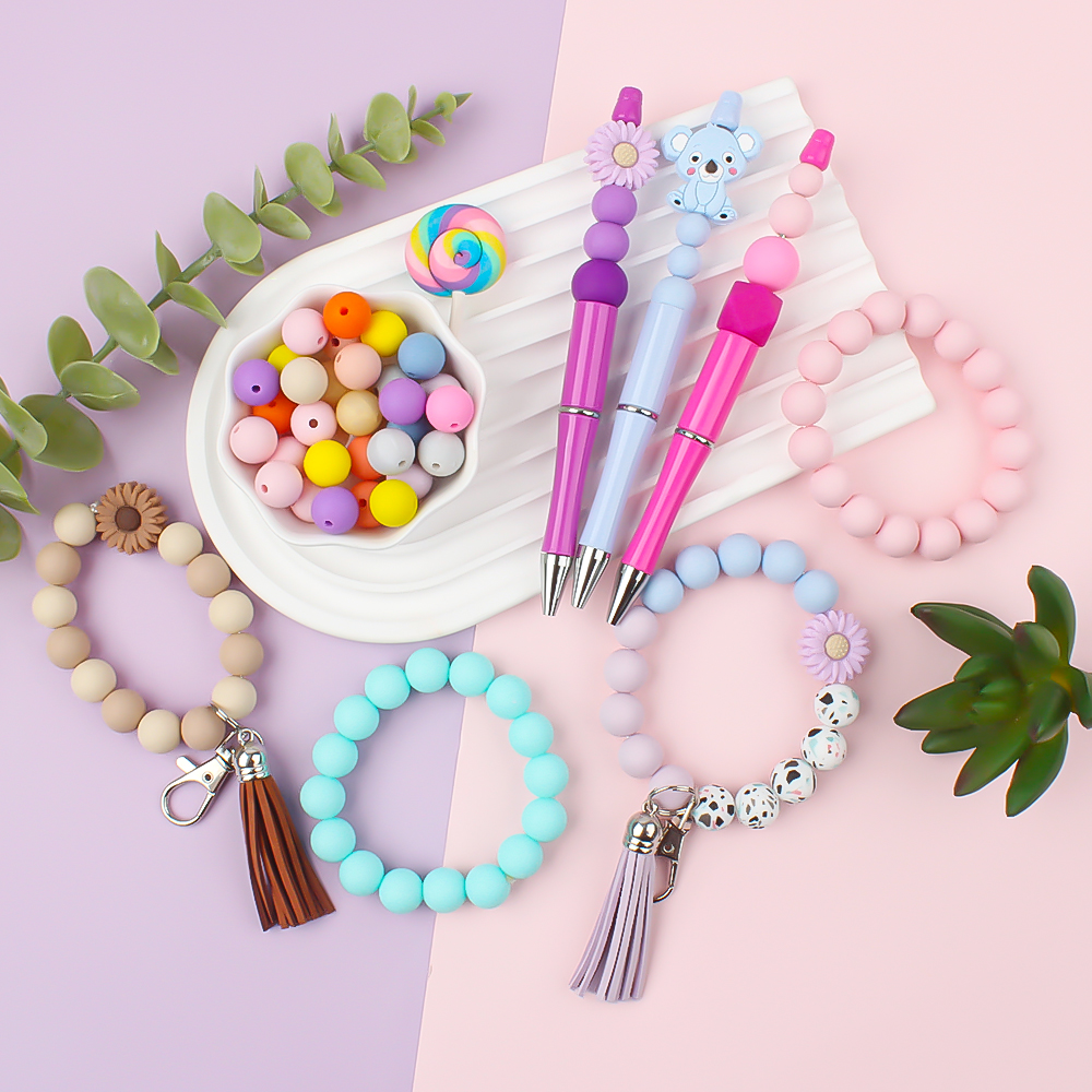 40pcs 9/12/15mm Silicone Round Beads for Pen Decor Jewelry Making DIY Pendant Bracelet Chain Keychain Bulk Handmade ﻿Wholesale