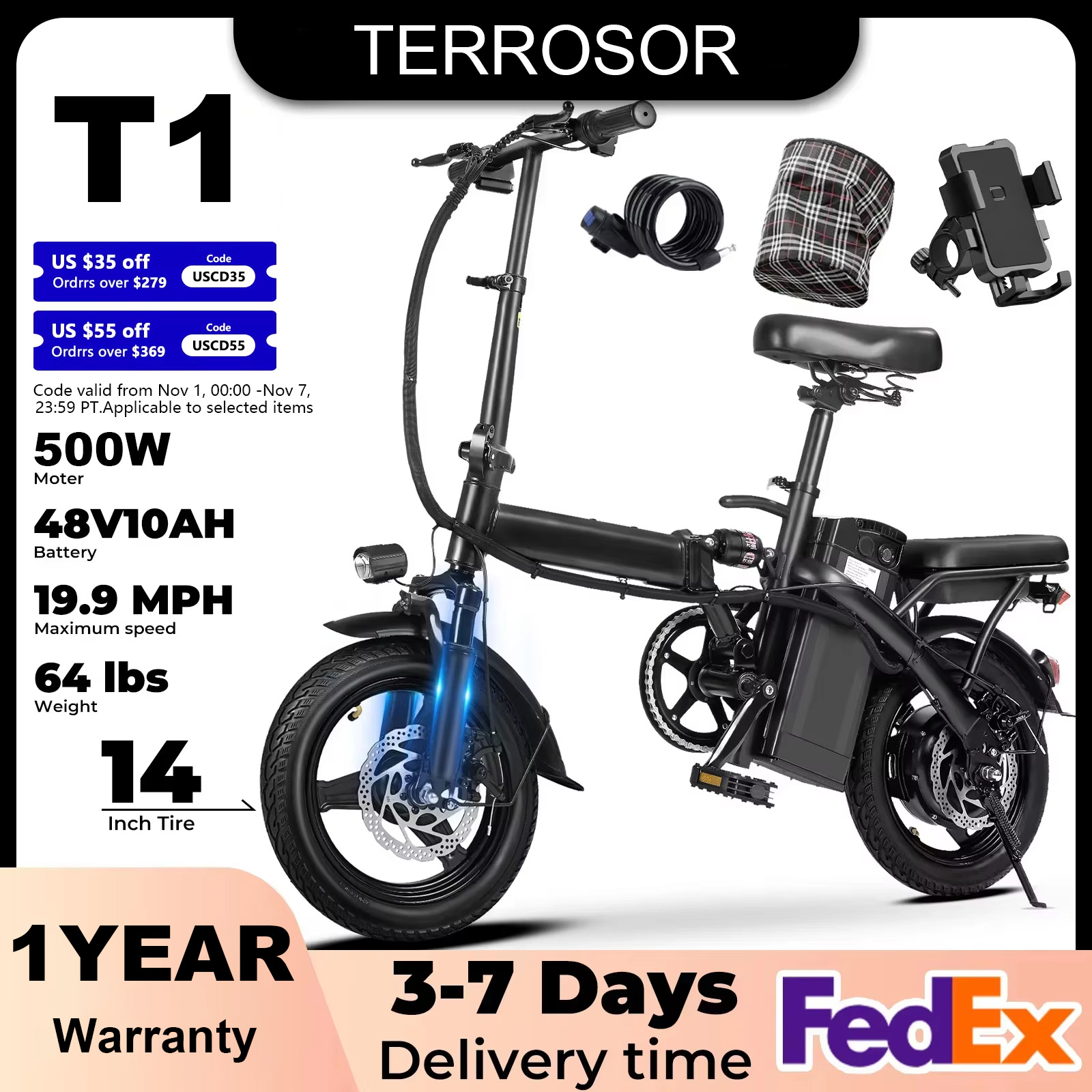 1 an de garantie 500W double frein à disque adulte vélo électrique pliable avec siège et panier 14 pouces 48V10.4Ah gamme de 22 