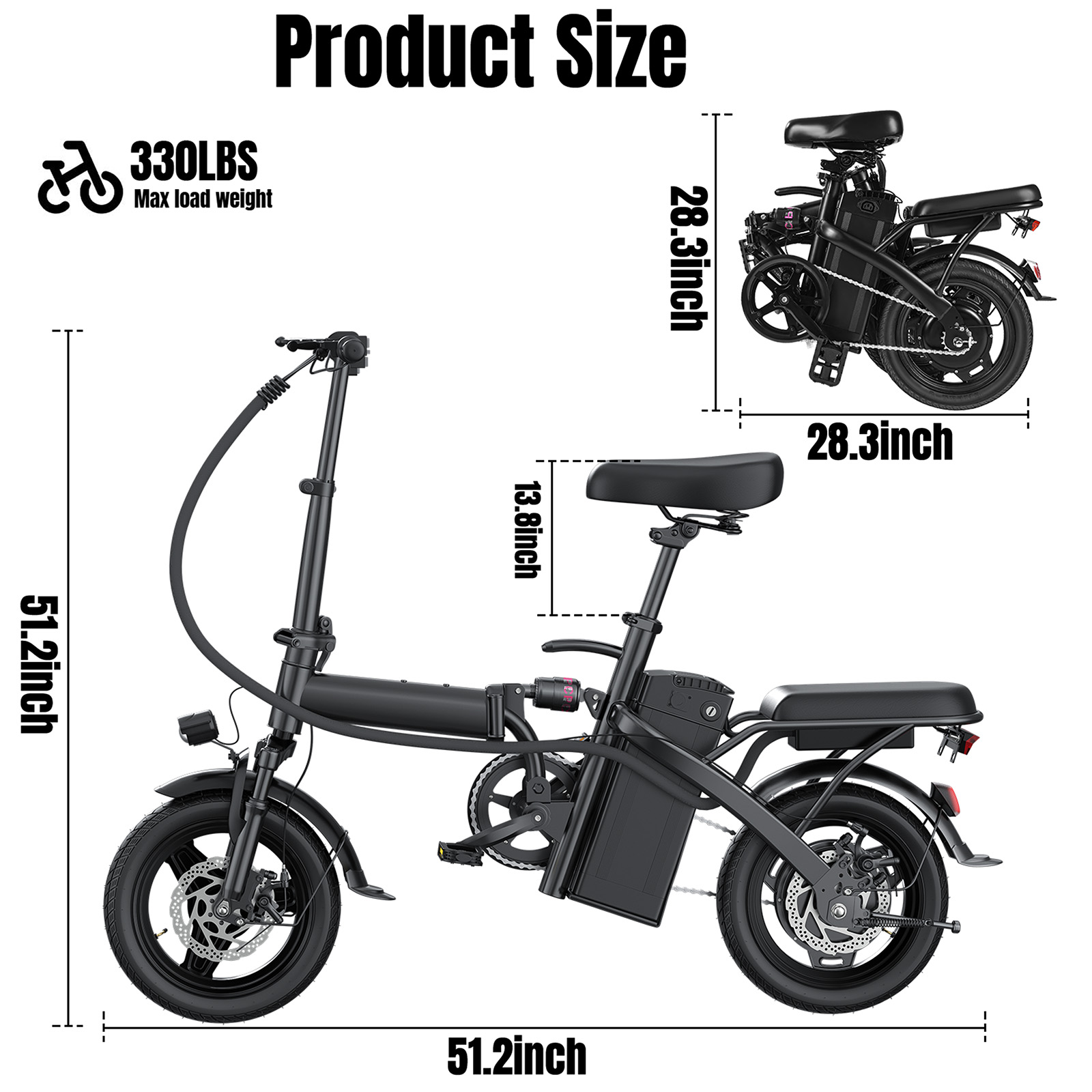 1 an de garantie 500W double frein à disque adulte vélo électrique pliable avec siège et panier 14 pouces 48V10.4Ah gamme de 22 