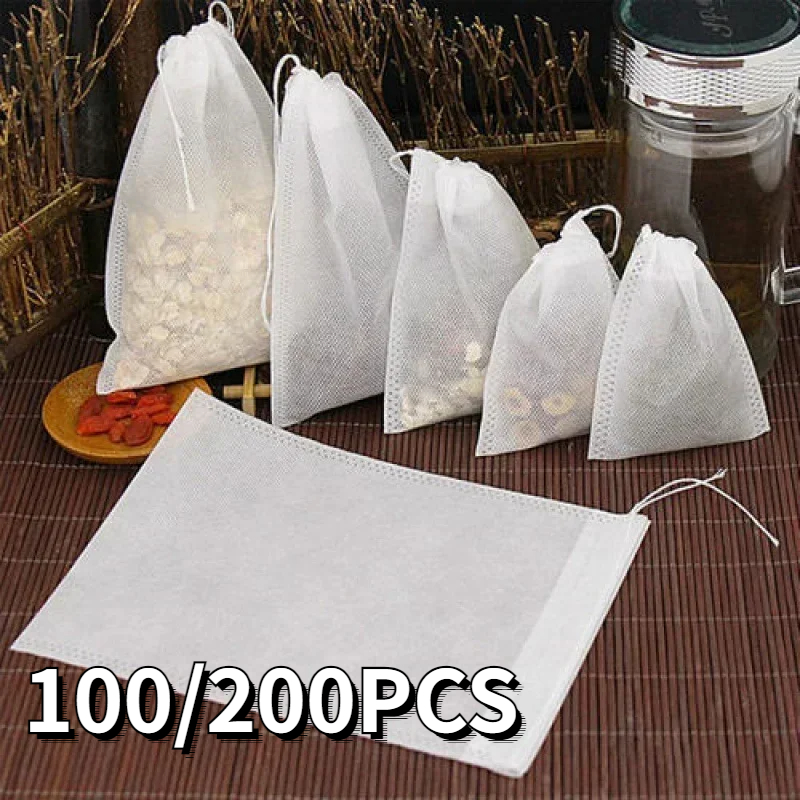 100/200PCS Disposable Tea Filter Bags Non-woven Fabric Tea Bag with Drawstring Kitchen Filter Paper for Coffee Herb Loose Tea